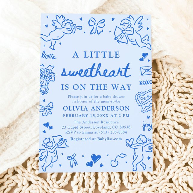Convite Hand Drawn Valentine Little Sweetheart Baby Shower (Blue Hand Drawn Valentine Little Sweetheart Baby Shower Invitation)