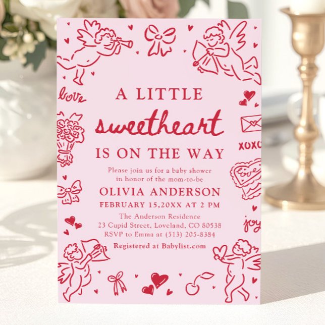 Convite Hand Drawn Valentine Little Sweetheart Baby Shower (Hand Drawn Valentine Little Sweetheart Baby Shower Invitation)