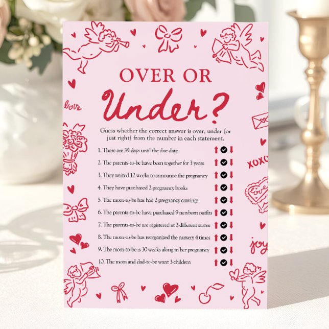 Convite Hand Drawn Valentine Over Or Under Baby Shower (Hand Drawn Valentine Over Or Under Baby Shower Game)