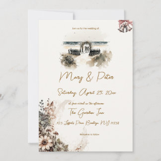 Convite Hand drawn wedding invitation floral beach