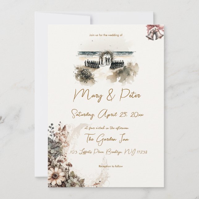 Convite Hand drawn wedding invitation floral beach (Frente)