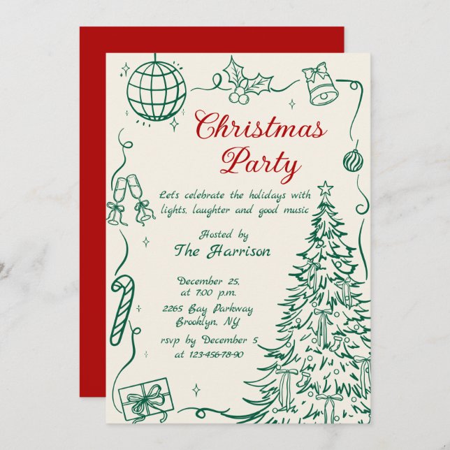 Convite Hand Drawn Whimsical Christmas Holiday Party (Frente/Verso)