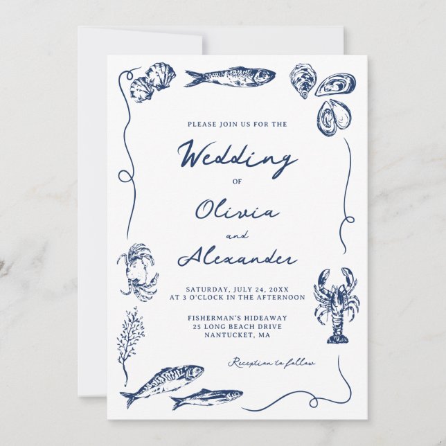 Convite Hand Drawn Whimsical Coastal Navy Blue Wedding (Frente)