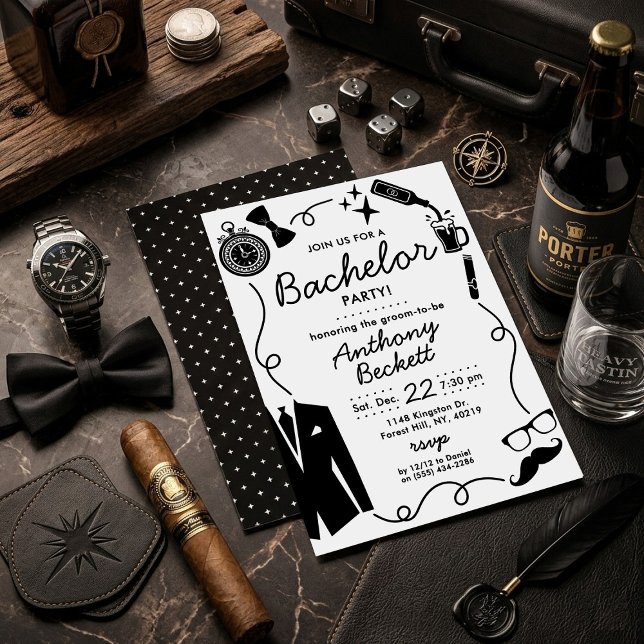 Convite Hand Drawn Whimsical Doodles Bachelor Party (Criador carregado)