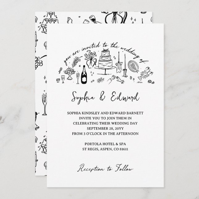 Convite Hand-drawn whimsical line art wedding style (Frente/Verso)