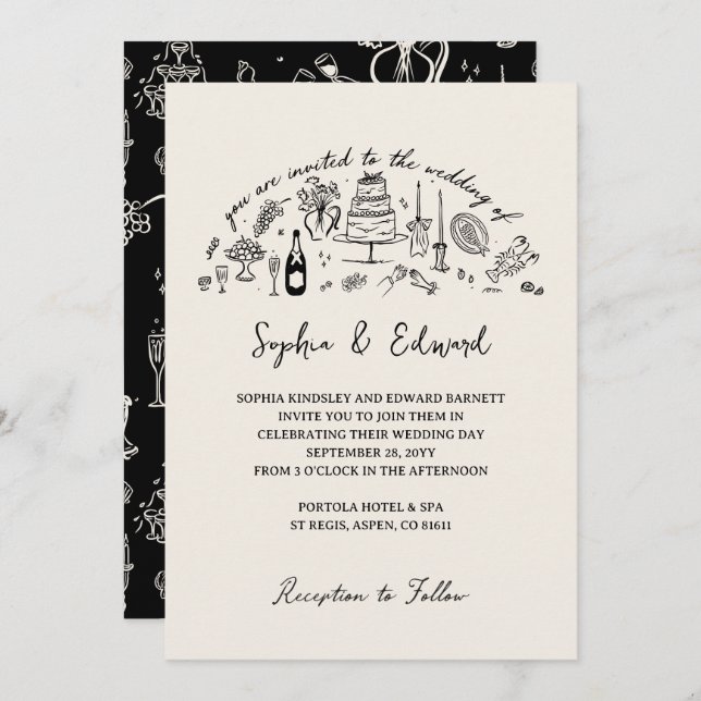 Convite Hand-drawn whimsical line art wedding style (Frente/Verso)