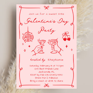 Convite Hand Drawn Whimsy Pink & Red Galentine's Day Party