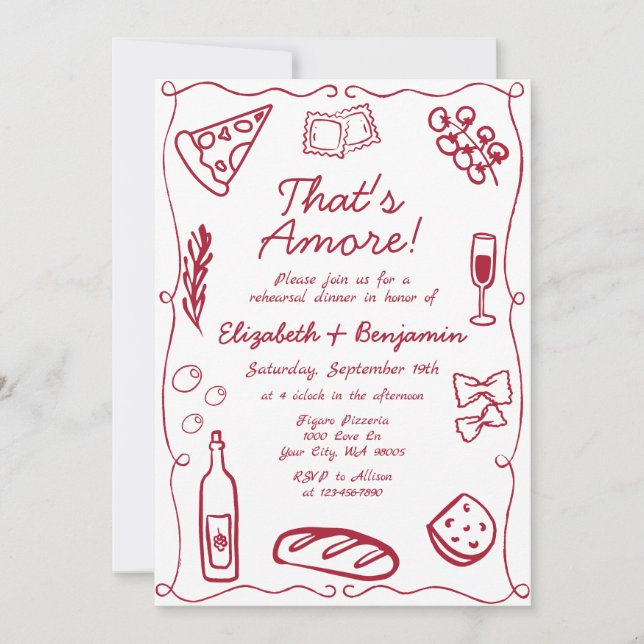 Convite Hand Drawn Wine Red Retro Italian Rehearsal Dinner (Frente)
