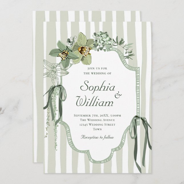 Convite Hand Painted Sage Green Orchids Wedding (Frente/Verso)