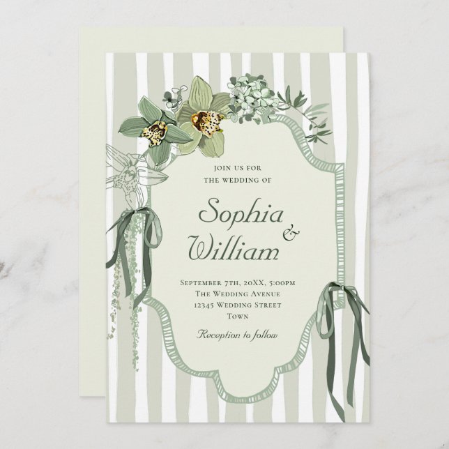 Convite Hand Painted Sage Green Orchids Wedding (Frente/Verso)