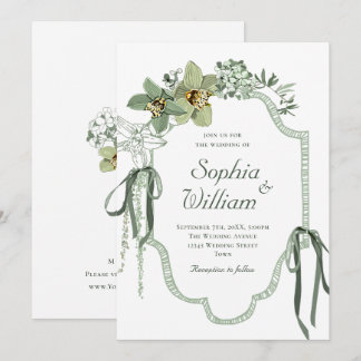 Convite Hand Painted Sage Green Orchids Wedding Invitation
