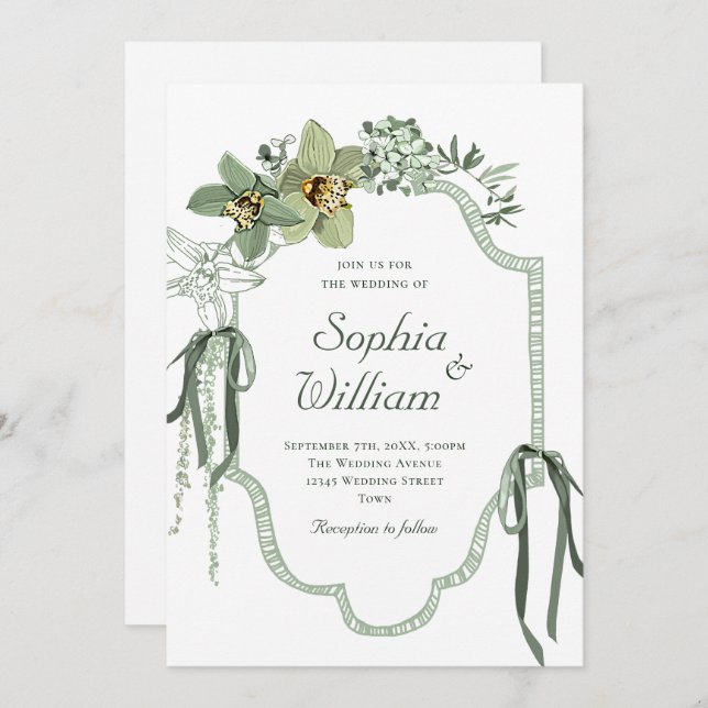 Convite Hand Painted Sage Green Orchids Wedding Invitation (Frente/Verso)