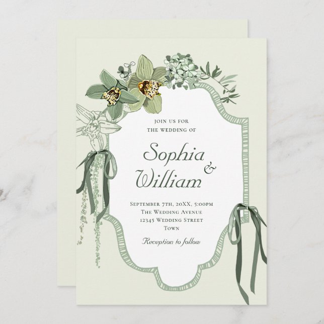 Convite Hand Painted Sage Green Orchids Wedding Invitation (Frente/Verso)