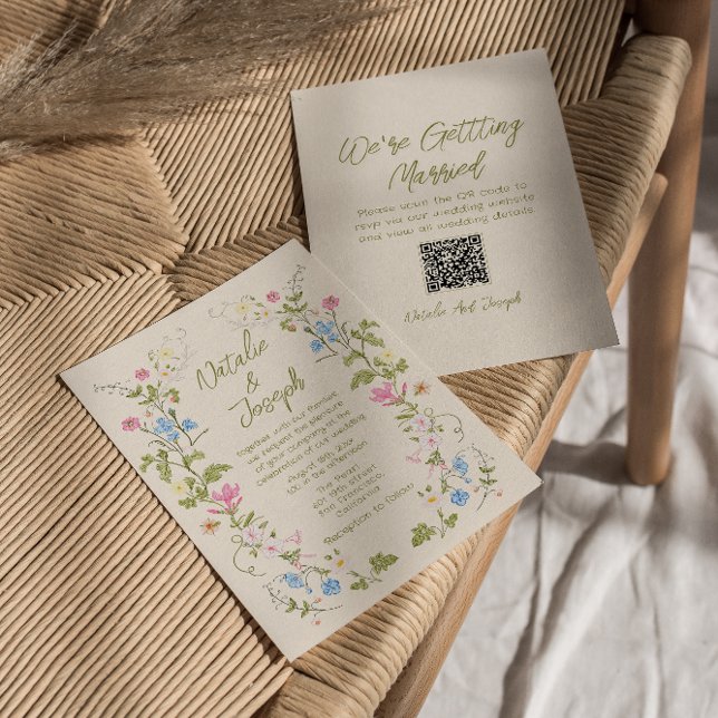 Convite Hand Written Drawn Floral Summer QR Code Wedding (Criador carregado)