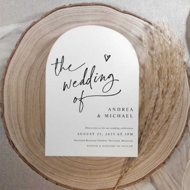 Convite Handwriting Arch Heart Wedding Modern QR Code (Modern black and white arch wedding invitation with hand drawn heart and qr code details on the back)