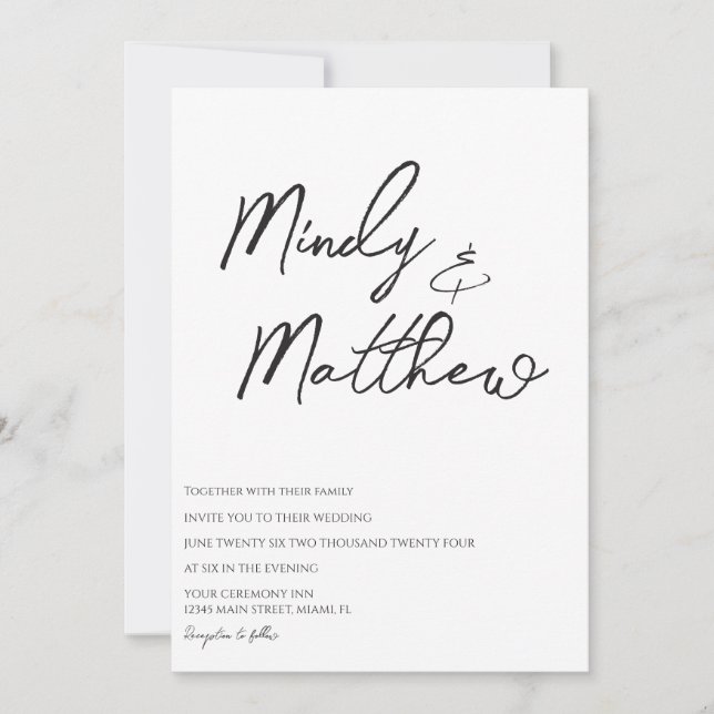 Convite Handwritten Black and White Script Wedding (Frente)