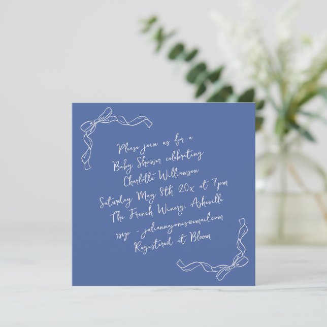 Convite Handwritten Coquette Bow Blue Bridal Shower Square (Em pé/Frente)