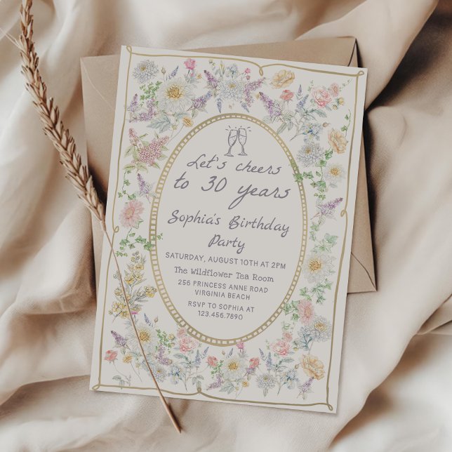 Convite Handwritten Floral Cheers 30th Birthday Invitation (Criador carregado)