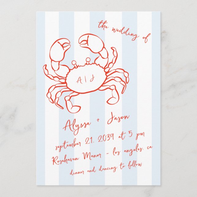 Convite Handwritten Lobster Nautical Red Blue Wedding (Frente)