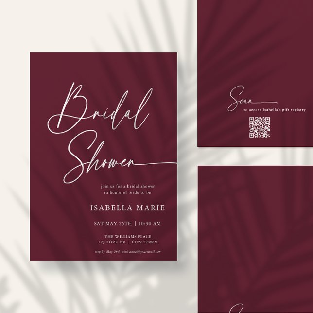 Convite Handwritten Modern MInimal Burgundy Bridal Shower (Front and back of flat 5x7 bridal shower invitation. Choose size, corner + paper style.)