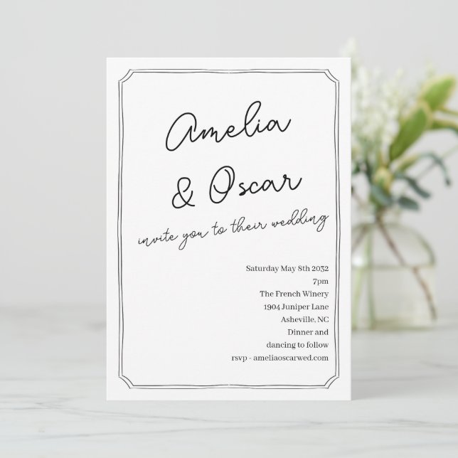 Convite Handwritten Script Doodle Frame Wedding White (Em pé/Frente)