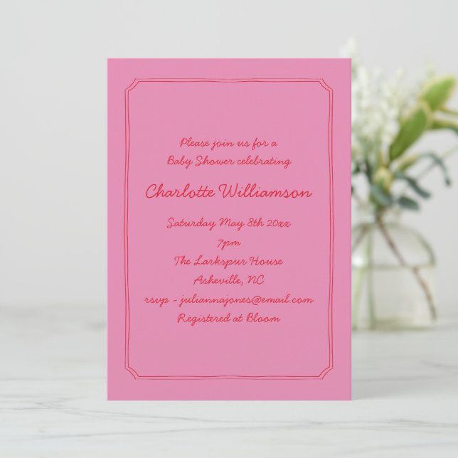 Convite Handwritten Script Pink Red Border Baby Shower (Em pé/Frente)
