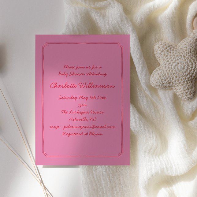 Convite Handwritten Script Pink Red Border Baby Shower (Criador carregado)