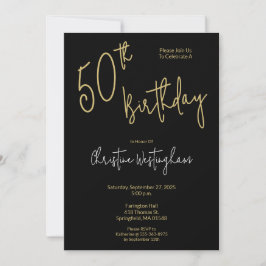 Convite Handwritten Script Simple Black Gold 50th Birthday