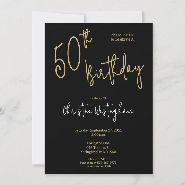 Convite Handwritten Script Simple Black Gold 50th Birthday (Frente)