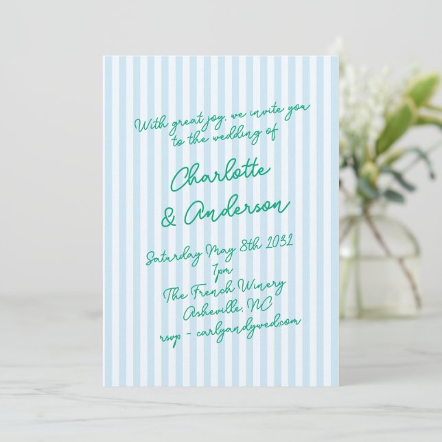 Convite Handwritten Script Whimsy Stripes Quirky Wedding (Em pé/Frente)