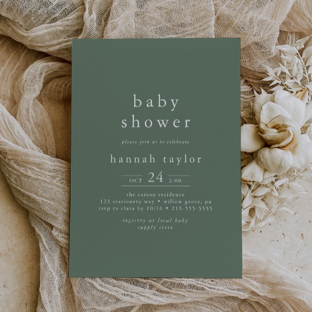 Convite HANNAH Boho Moderno Sage Chá de fraldas Simples Ve (HANNAH Boho Modern Sage Green Simple Baby Shower Invitation)