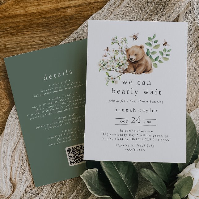 Convite HANNAH QR Podemos Esperar Chá de fraldas de Woodla (HANNAH QR We Can Bearly Wait Woodland Baby Shower Invitation)
