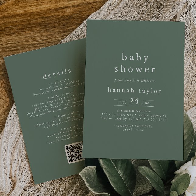 Convite HANNAH Rustic Sage Green QR Chá de fraldas simples (HANNAH Rustic Sage Green QR Simple Baby Shower Invitation)