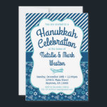 Convite Hanukkah Convidando Estrela Azul De Menorah De Dav<br><div class="desc">Um convite azul giro para Chanucá com uma menorah e estrela do padrão David em azul e turquesa,  junto com listras azul e branca. Que esta encantadora e divertida comemoração Chanukah convide a ser a sua na moda para celebrar as festas.</div>