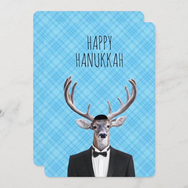 Convite Hanukkah Deer com Tux e Yarmulke (Frente/Verso)