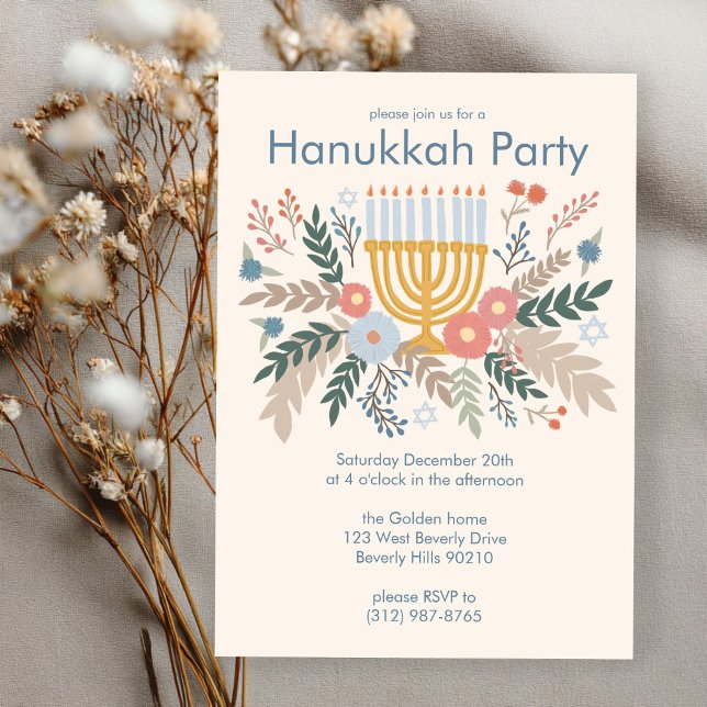 Convite Hanukkah FLorals Partido PERSONALIZADO de Arte des (Hanukkah FLorals Hand-drawn Art CUSTOM Party Invitation
)