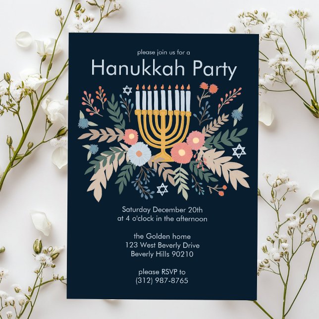 Convite Hanukkah FLorals Partido PERSONALIZADO de Arte des (Hanukkah FLorals Hand-drawn Art CUSTOM Party Invitation
)