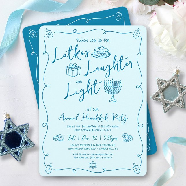 Convite Hanukkah Latke Laughter Light Teal Doodles Party (Criador carregado)