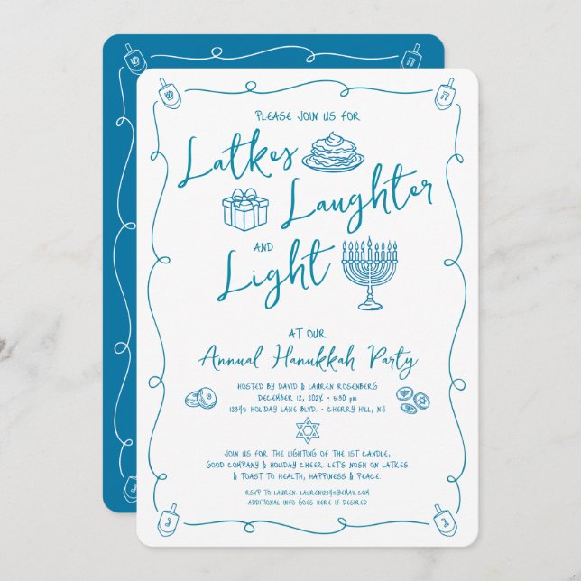 Convite Hanukkah Latke Laughter Light Whimsical Fun Doodle (Frente/Verso)