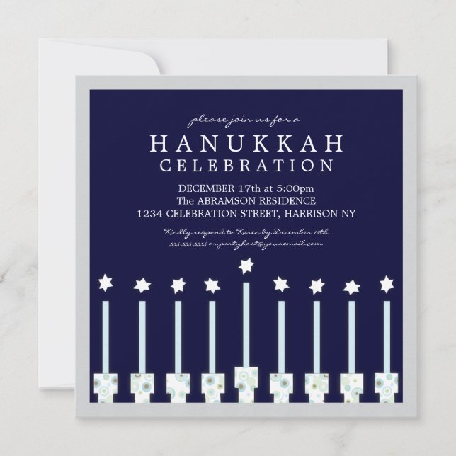 Convite Hanukkah Menorah com velas nas bolinhas (Frente)