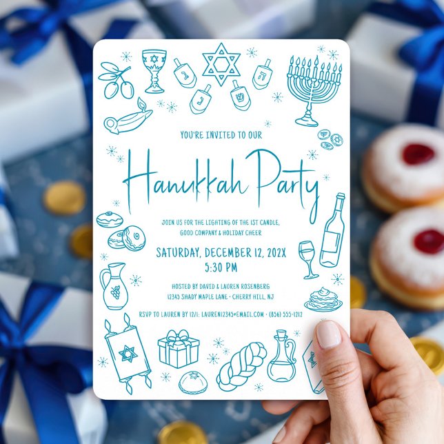 Convite Hanukkah Teal Hand Drawn Doodles Whimsical Party (Criador carregado)