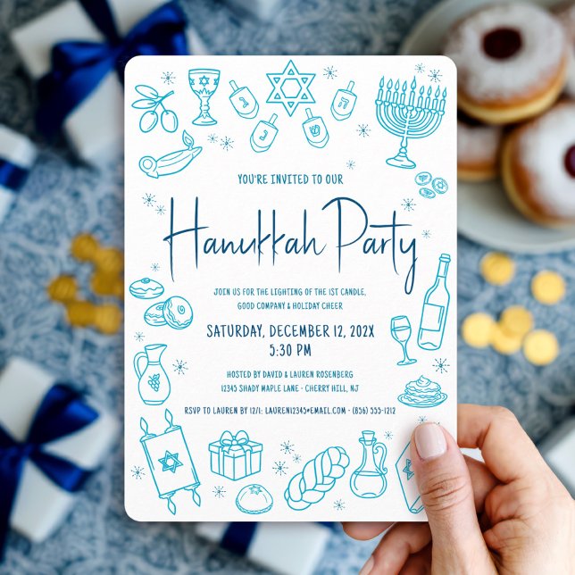 Convite Hanukkah Turquoise Hand Drawn Doodle Playful Party (Criador carregado)