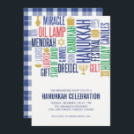 Convite Hanukkah Words Holiday Party<br><div class="desc">Personalize o texto personalizado acima. Você pode encontrar itens de coordenação adicionais na nossa coleção "Feriado de Palavras de Chanucá".</div>