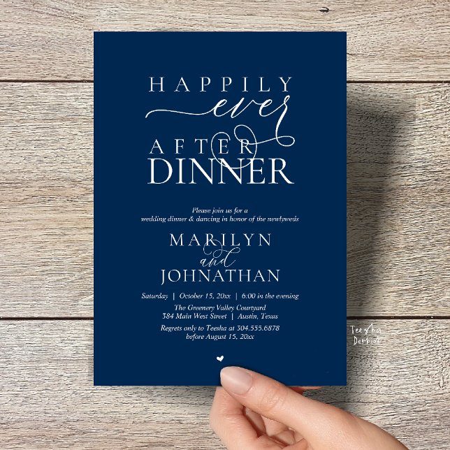 Convite Happily Ever After Dinner Modern Wedding Reception (Happily Ever After Dinner Modern Wedding Reception Invitation card in Navy Blue)