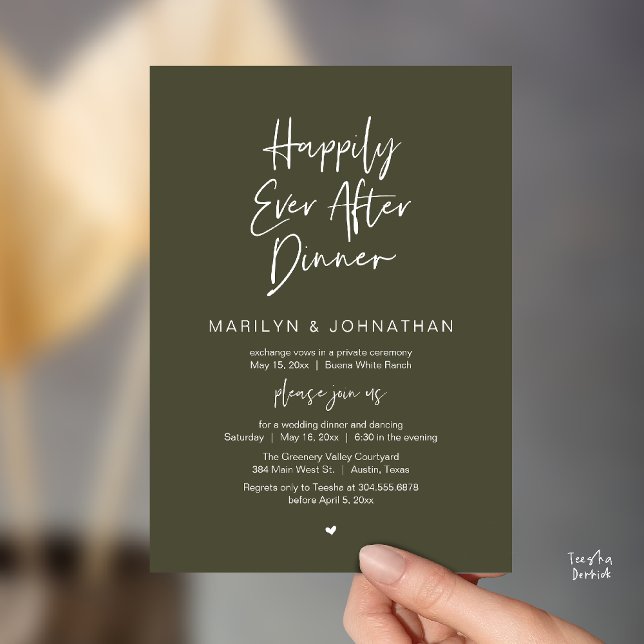 Convite Happily Ever After Dinner Modern Wedding Reception (Happily Ever After Dinner Modern Minimalist Wedding Reception Invitation Card in Olive Green)