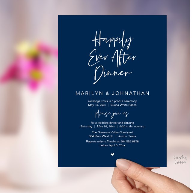 Convite Happily Ever After Dinner Modern Wedding Reception (Happily Ever After Dinner Modern Minimalist Wedding Reception Invitation Card in Navy Blue)