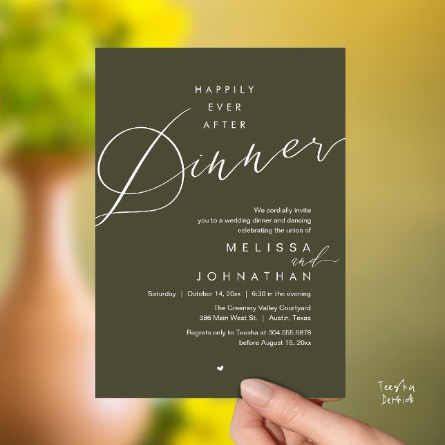 Convite Happily Ever After Dinner Romantic Wedding Party (Happily Ever After Dinner Romantic Wedding Reception Party Invitation card in olive green)