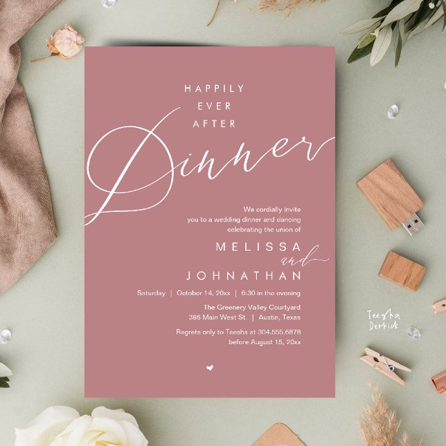 Convite Happily Ever After Dinner Romantic Wedding Party (Happily Ever After Dinner Romantic Wedding Reception Party Invitation card in dusty rose pink)