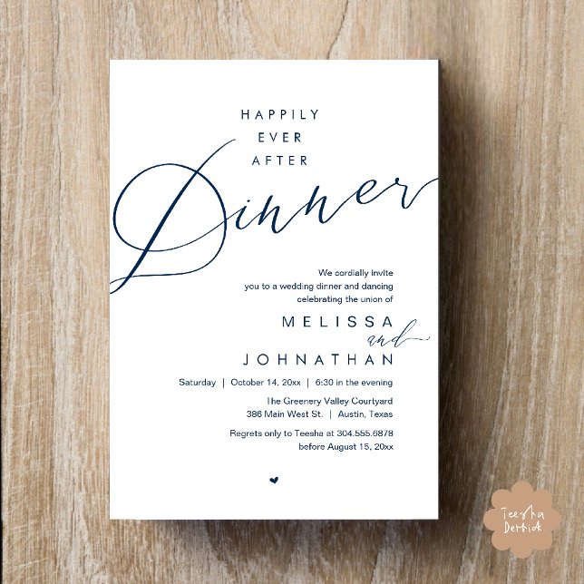 Convite Happily Ever After Dinner Romantic Wedding Party (Happily Ever After Dinner Romantic Wedding Reception Party Invitation card in navy blue)