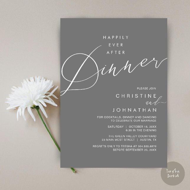 Convite Happily Ever After Dinner Wedding Reception Dinner (Happily Ever After Dinner Wedding Reception Dinner Invitation Card in Dark Grey)